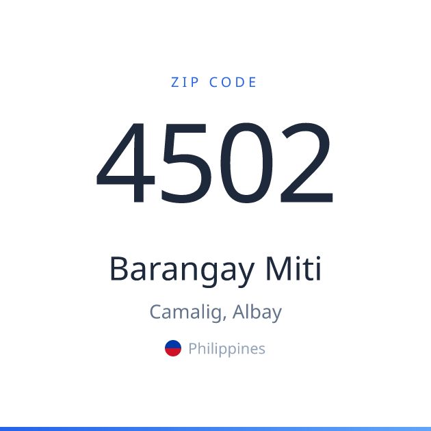 Shareable ZIP code 4502 card for Barangay Miti, light theme