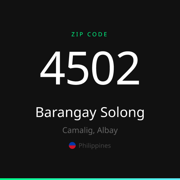 Shareable ZIP code 4502 card for Barangay Solong, dark theme