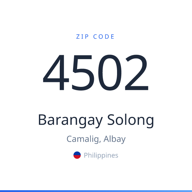 Shareable ZIP code 4502 card for Barangay Solong, light theme