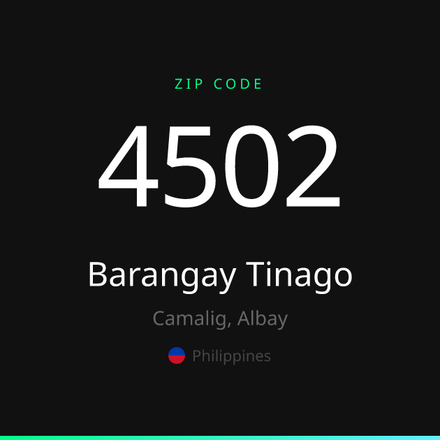 Shareable ZIP code 4502 card for Barangay Tinago, dark theme