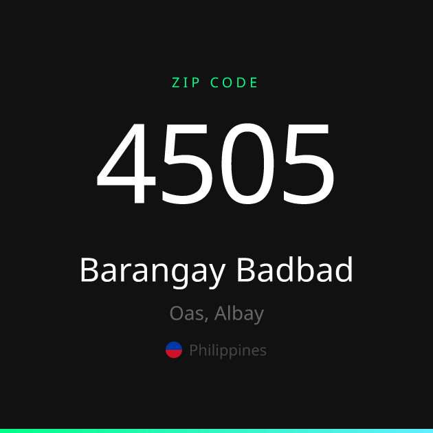 Shareable ZIP code 4505 card for Barangay Badbad, dark theme
