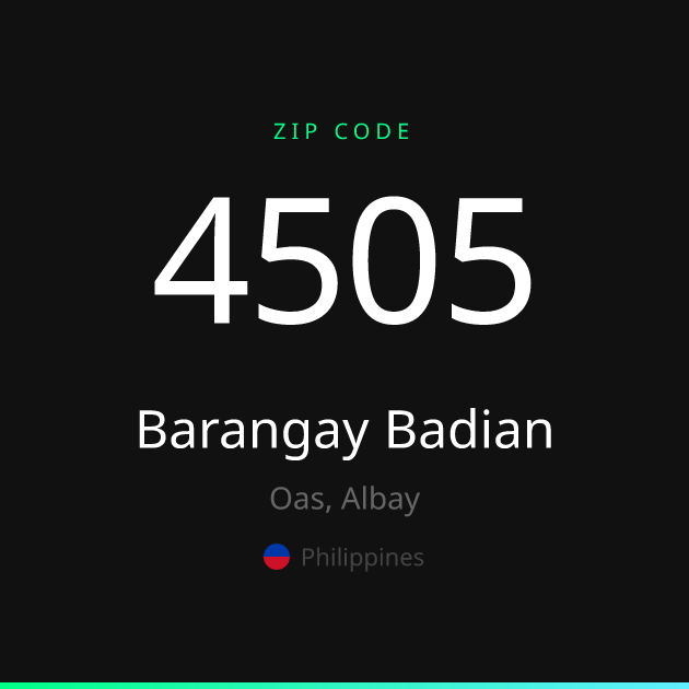 Shareable ZIP code 4505 card for Barangay Badian, dark theme