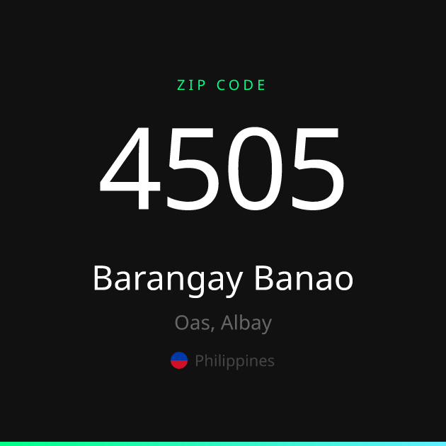 Shareable ZIP code 4505 card for Barangay Banao, dark theme