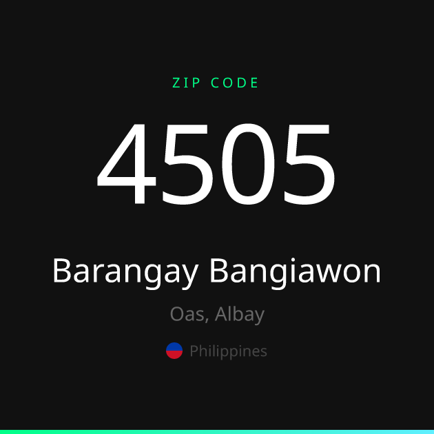 Shareable ZIP code 4505 card for Barangay Bangiawon, dark theme