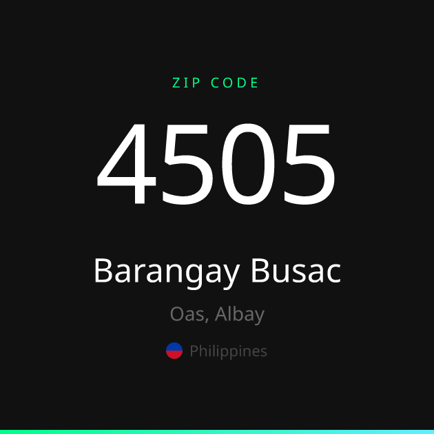 Shareable ZIP code 4505 card for Barangay Busac, dark theme