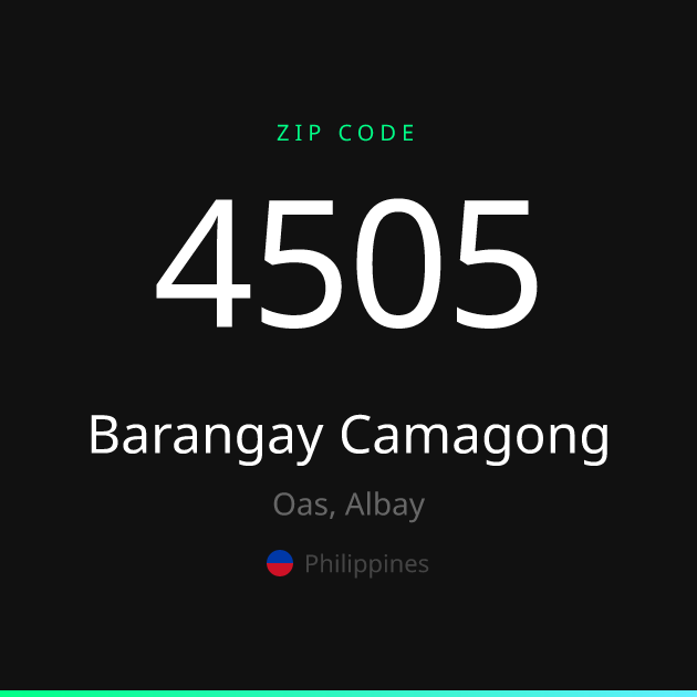 Shareable ZIP code 4505 card for Barangay Camagong, dark theme