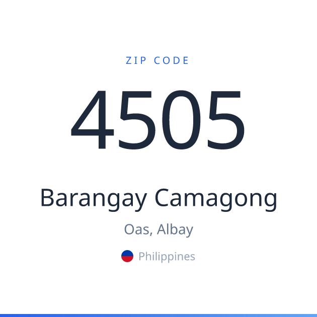 Shareable ZIP code 4505 card for Barangay Camagong, light theme