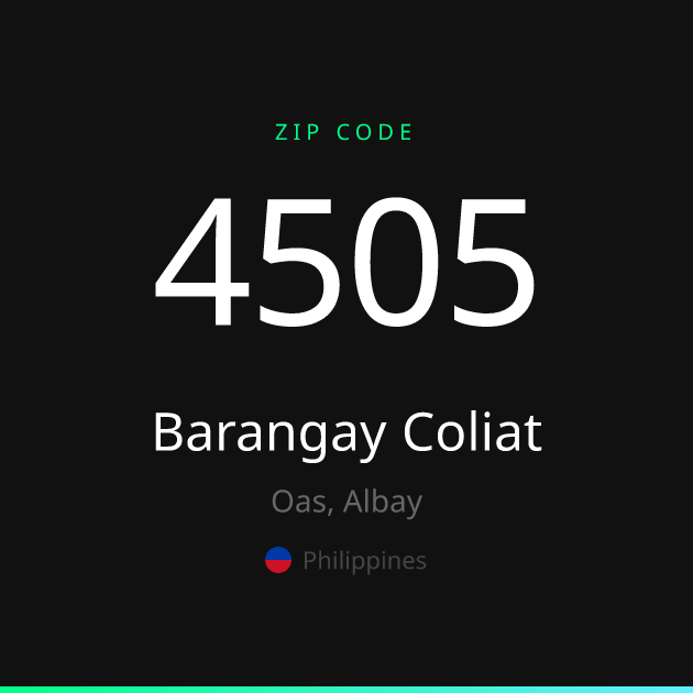 Shareable ZIP code 4505 card for Barangay Coliat, dark theme