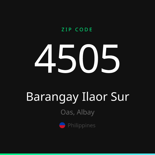 Shareable ZIP code 4505 card for Barangay Ilaor Sur, dark theme