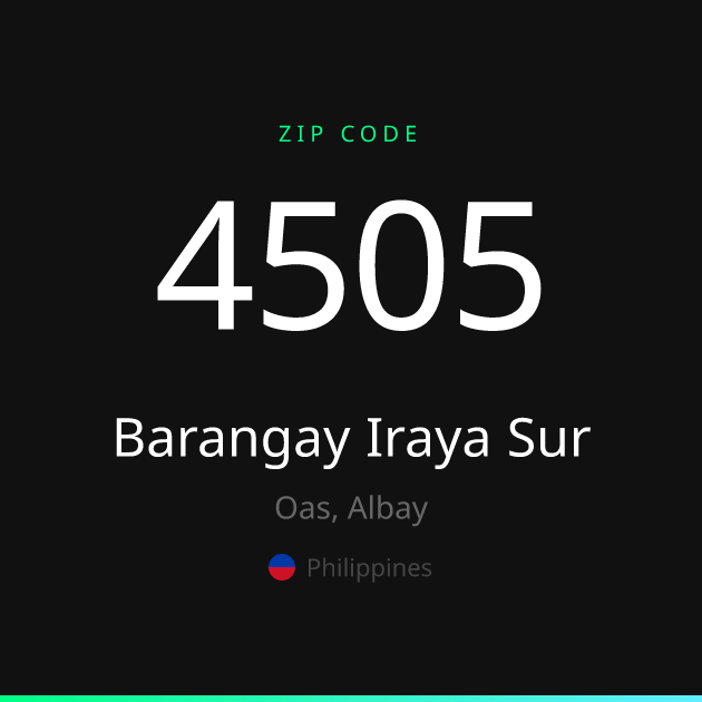 Shareable ZIP code 4505 card for Barangay Iraya Sur, dark theme