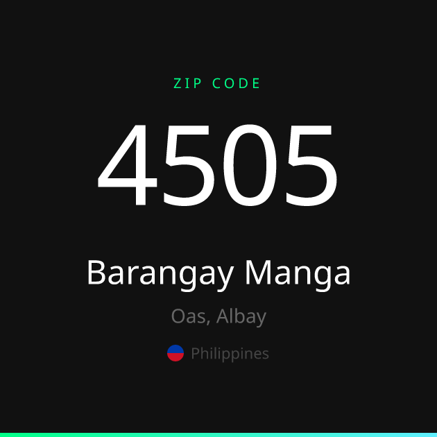 Shareable ZIP code 4505 card for Barangay Manga, dark theme