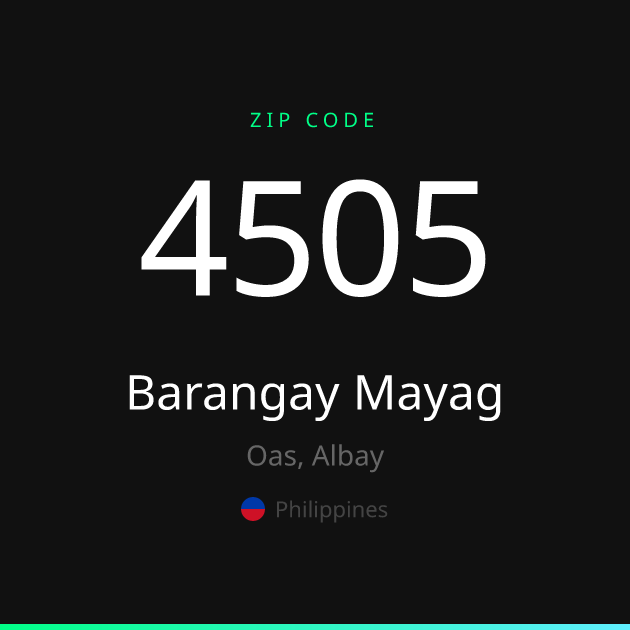 Shareable ZIP code 4505 card for Barangay Mayag, dark theme