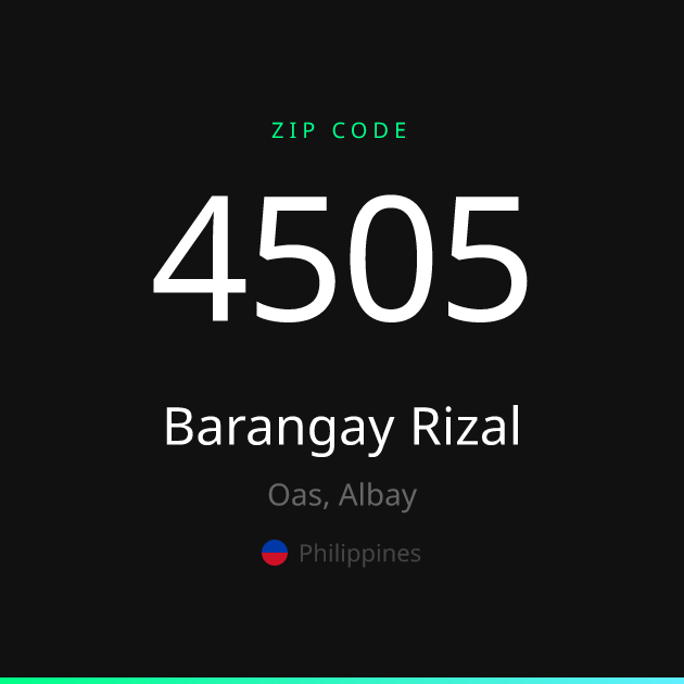 Shareable ZIP code 4505 card for Barangay Rizal, dark theme