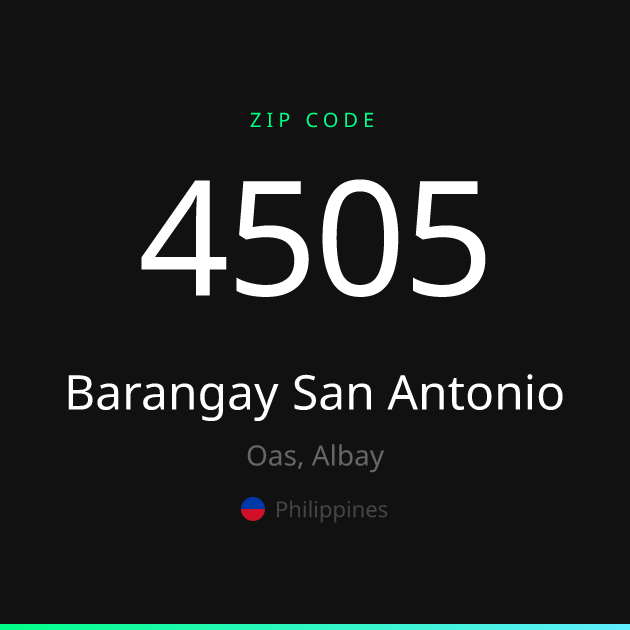 Shareable ZIP code 4505 card for Barangay San Antonio, dark theme
