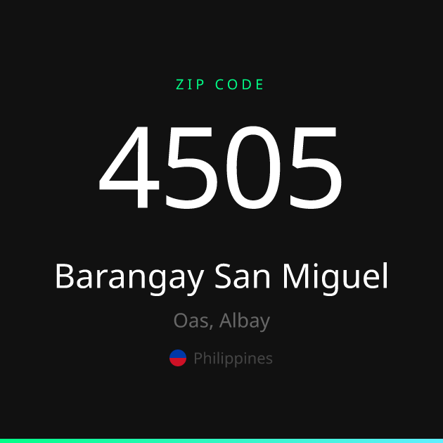 Shareable ZIP code 4505 card for Barangay San Miguel, dark theme