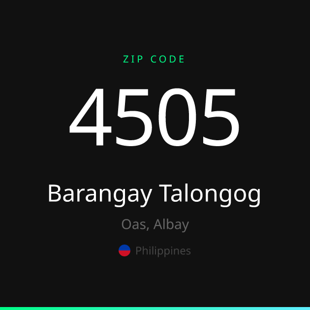 Shareable ZIP code 4505 card for Barangay Talongog, dark theme