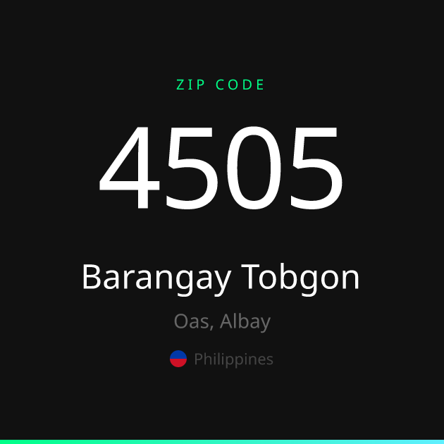 Shareable ZIP code 4505 card for Barangay Tobgon, dark theme