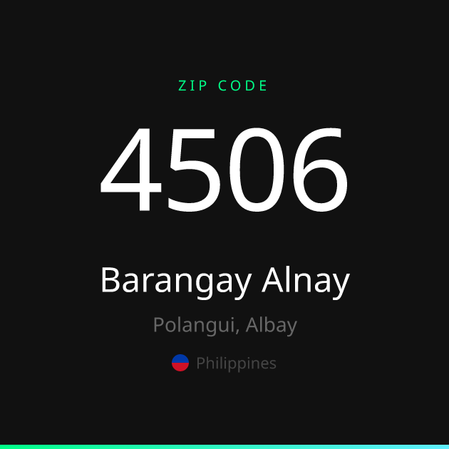 Shareable ZIP code 4506 card for Barangay Alnay, dark theme