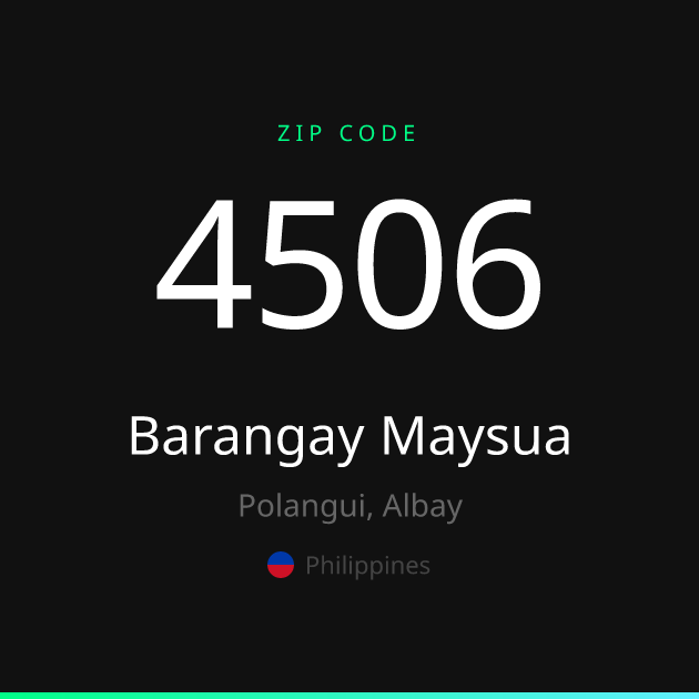 Shareable ZIP code 4506 card for Barangay Maysua, dark theme