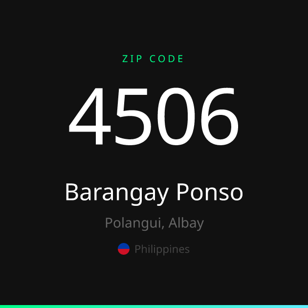 Shareable ZIP code 4506 card for Barangay Ponso, dark theme