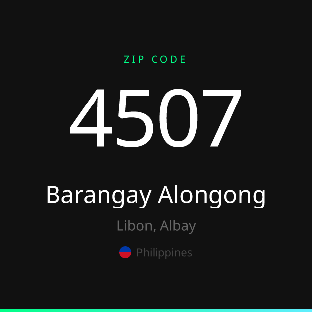 Shareable ZIP code 4507 card for Barangay Alongong, dark theme
