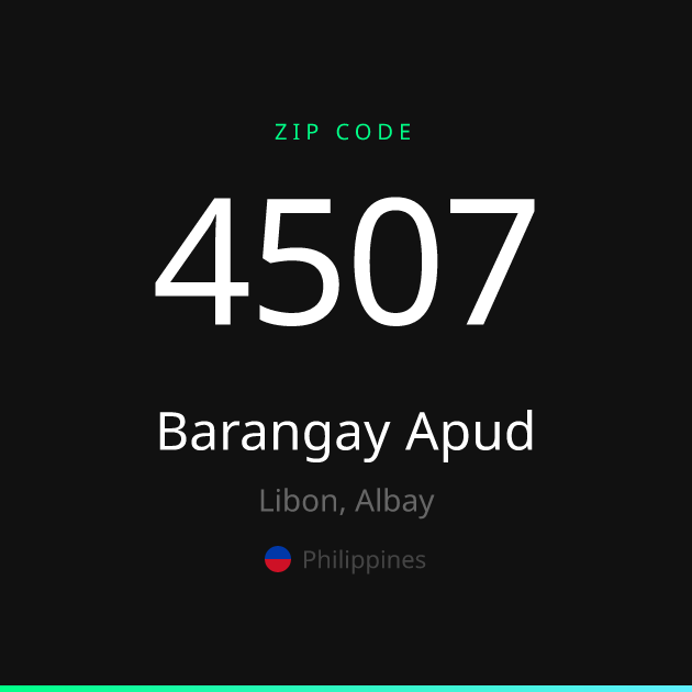Shareable ZIP code 4507 card for Barangay Apud, dark theme