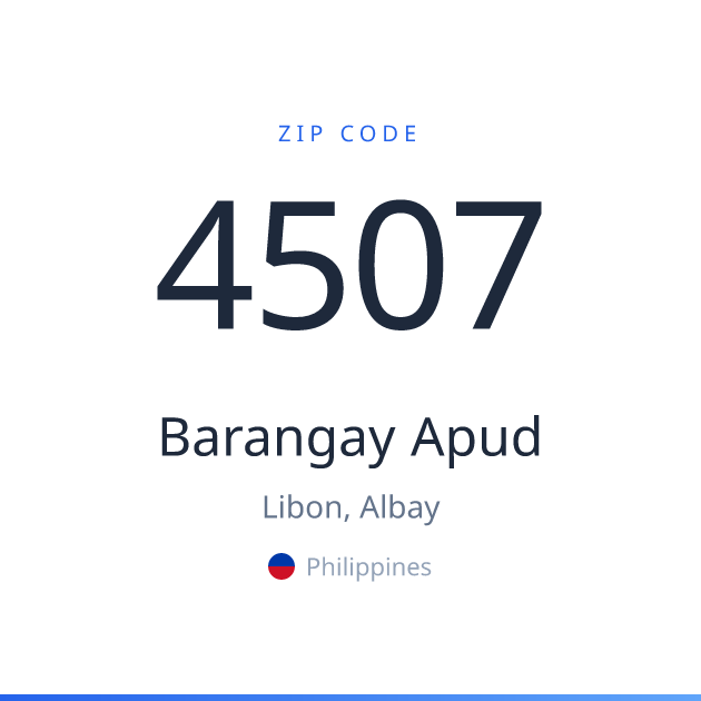 Shareable ZIP code 4507 card for Barangay Apud, light theme