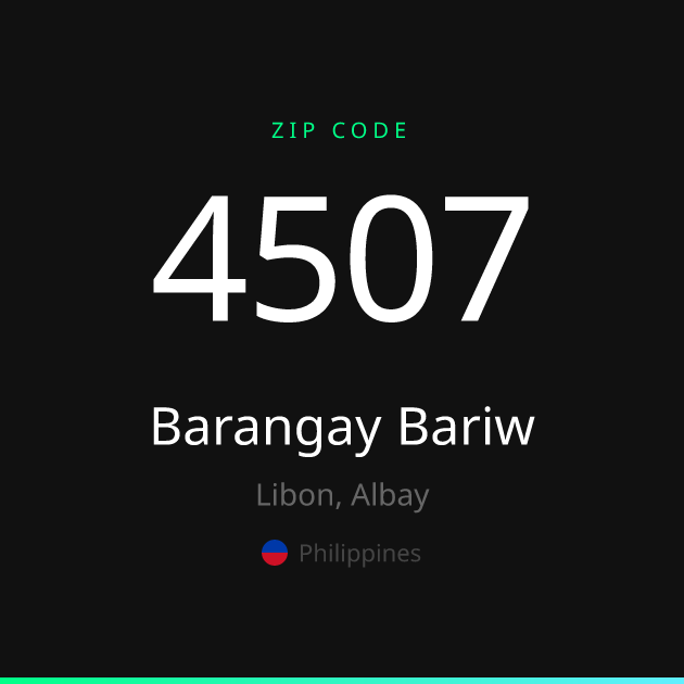 Shareable ZIP code 4507 card for Barangay Bariw, dark theme