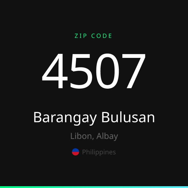 Shareable ZIP code 4507 card for Barangay Bulusan, dark theme