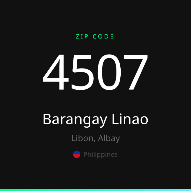 Shareable ZIP code 4507 card for Barangay Linao, dark theme