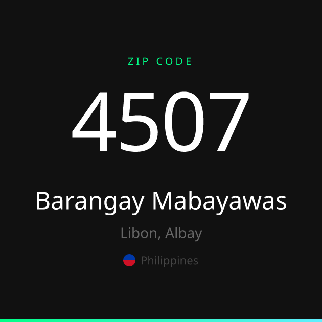 Shareable ZIP code 4507 card for Barangay Mabayawas, dark theme