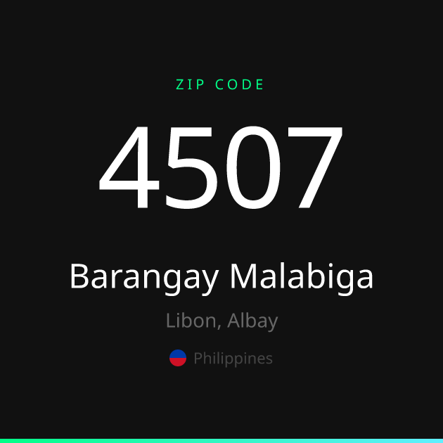 Shareable ZIP code 4507 card for Barangay Malabiga, dark theme