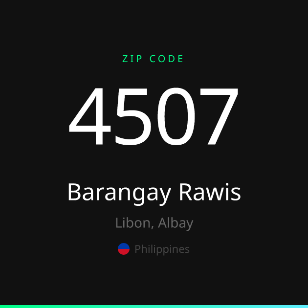Shareable ZIP code 4507 card for Barangay Rawis, dark theme