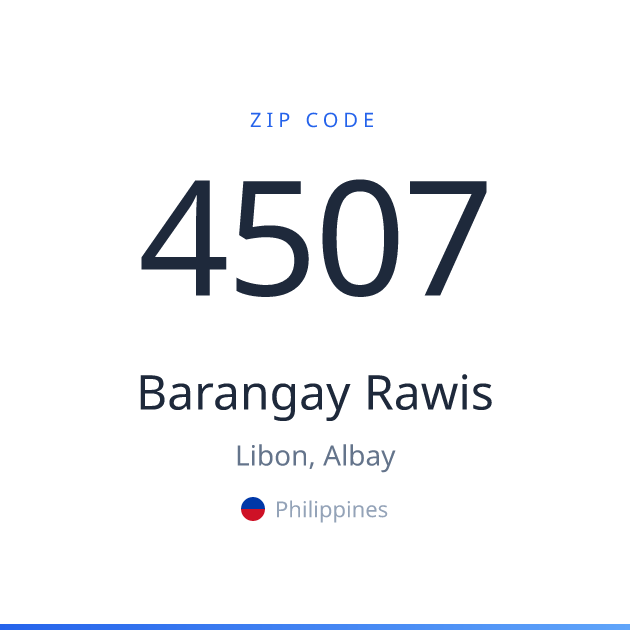 Shareable ZIP code 4507 card for Barangay Rawis, light theme