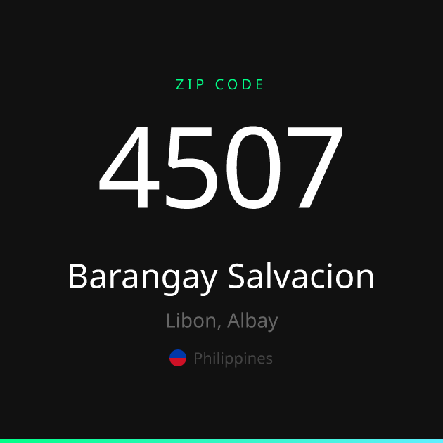 Shareable ZIP code 4507 card for Barangay Salvacion, dark theme