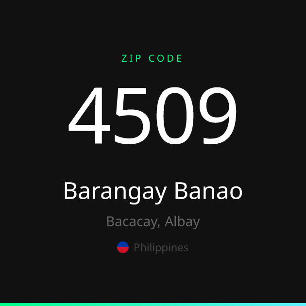 Shareable ZIP code 4509 card for Barangay Banao, dark theme
