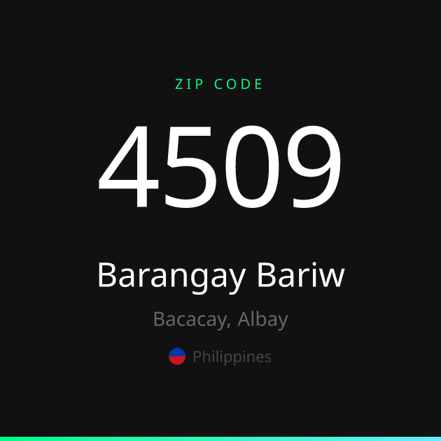 Shareable ZIP code 4509 card for Barangay Bariw, dark theme