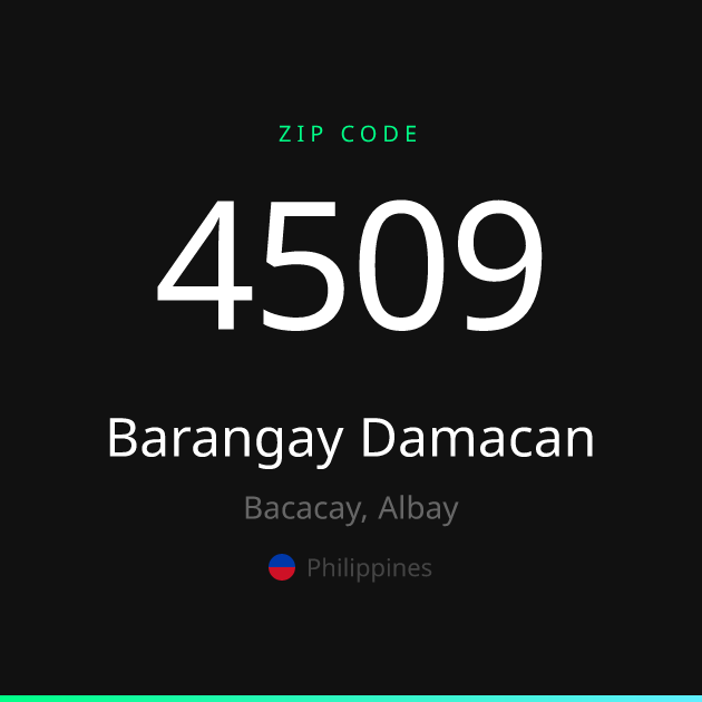Shareable ZIP code 4509 card for Barangay Damacan, dark theme