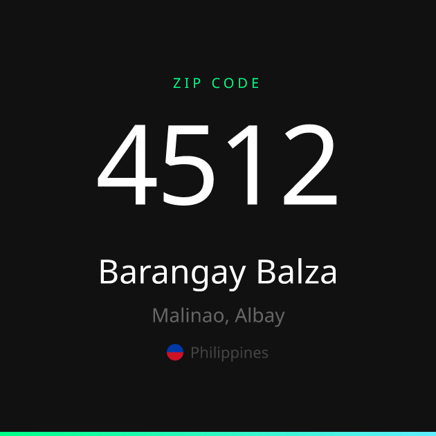 Shareable ZIP code 4512 card for Barangay Balza, dark theme