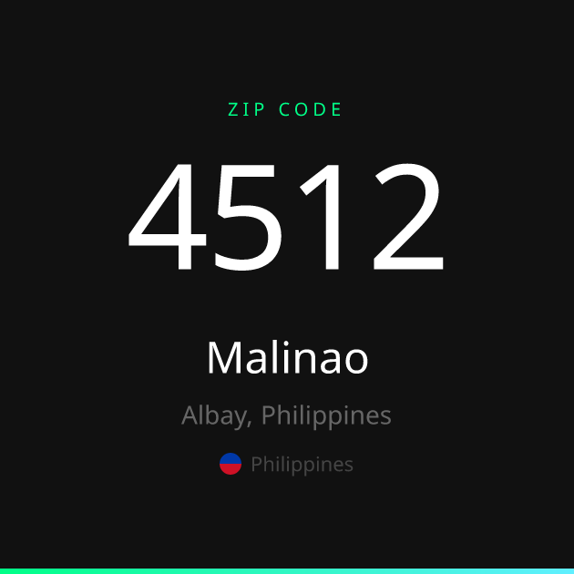 Shareable ZIP code 4512 card for Malinao, dark theme