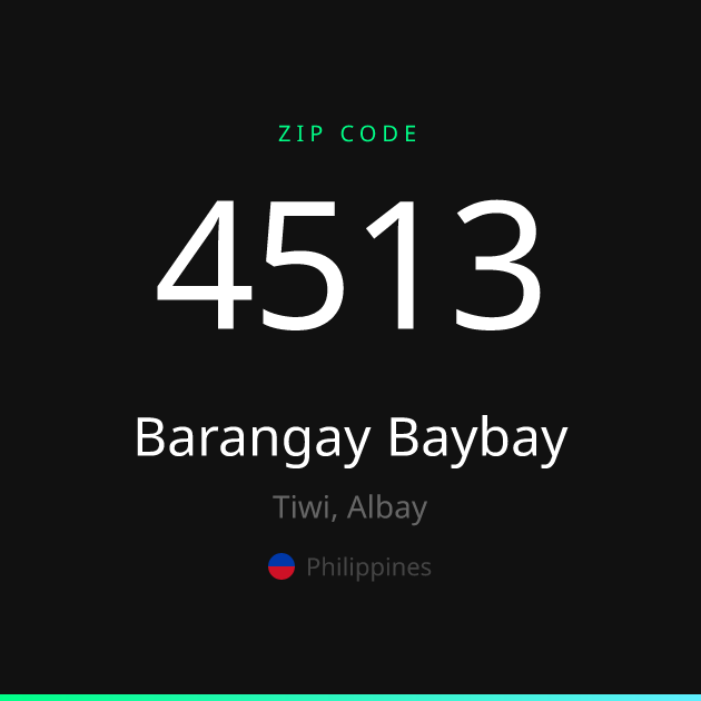 Shareable ZIP code 4513 card for Barangay Baybay, dark theme