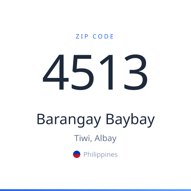 Shareable ZIP code 4513 card for Barangay Baybay, light theme