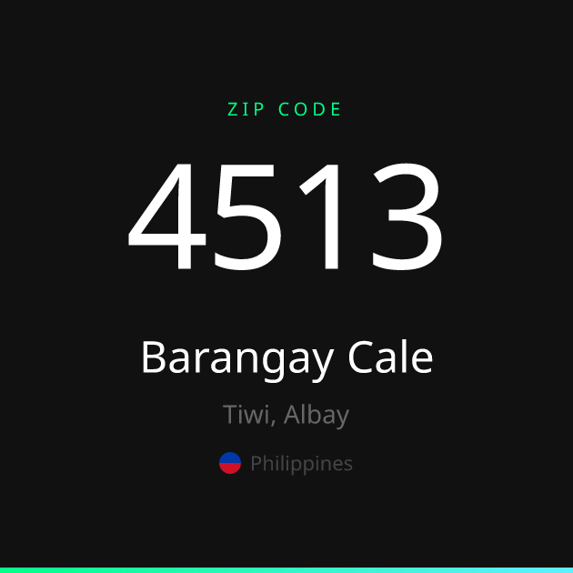 Shareable ZIP code 4513 card for Barangay Cale, dark theme