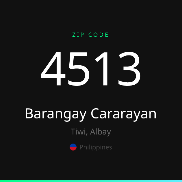 Shareable ZIP code 4513 card for Barangay Cararayan, dark theme