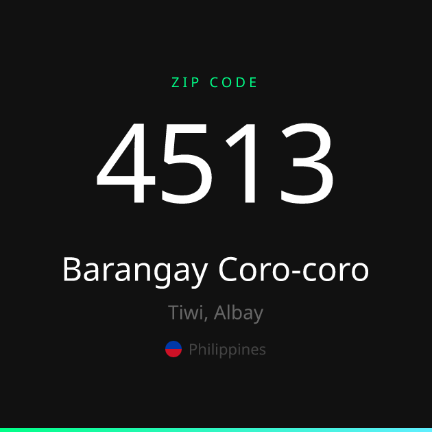 Shareable ZIP code 4513 card for Barangay Coro-coro, dark theme
