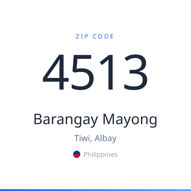 Shareable ZIP code 4513 card for Barangay Mayong, light theme
