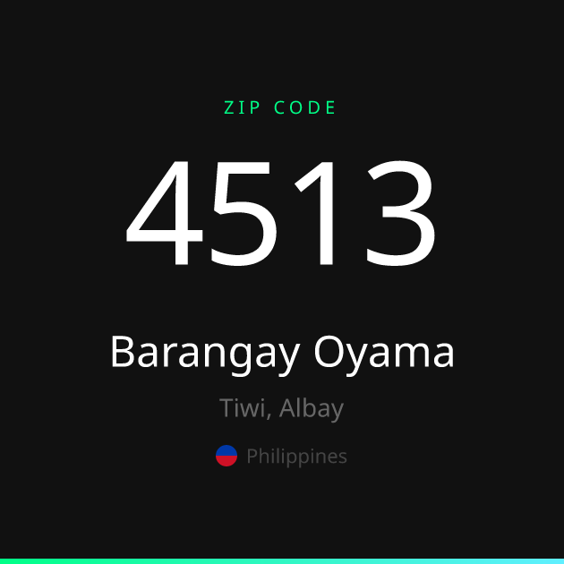 Shareable ZIP code 4513 card for Barangay Oyama, dark theme