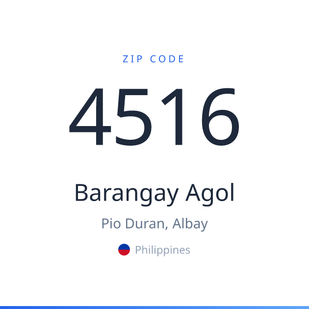 Shareable ZIP code 4516 card for Barangay Agol, light theme