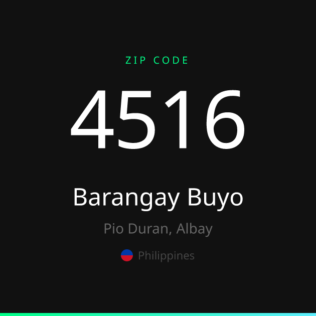 Shareable ZIP code 4516 card for Barangay Buyo, dark theme
