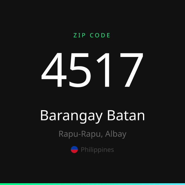 Shareable ZIP code 4517 card for Barangay Batan, dark theme